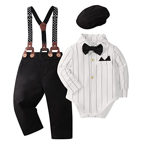 YALLET Baby Boy Clothes Set Infant Tuxedo Long Sleeve Gentleman Suit Outfits Beret Hat Suspender Pants Bowtie 0 18M 0 belly baby and beyond