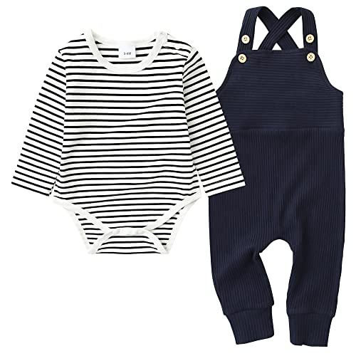 YUEMION Newborn Baby Boy Clothes2Pcs Infant Boy Romper Bodysuit SpringSummer Stripe Outfits Bib Overall Pants0 24 Month 0 belly baby and beyond