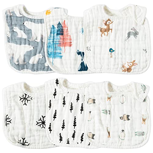Zainpe 6Pcs Muslin Cotton Baby Bibs Tree Snowflake Bear Bib Adjustable Neutral Burp Cloths with 6 Absorbent Soft Layers for Unisex Infant Toddler Newborn Drooling Feeding Teething 0 belly baby and beyond