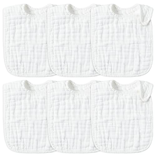 Zainpe 6Pcs Snap Muslin Cotton Baby Bibs White Feeding Bib with 6 Absorbent Soft Layers Adjustable Drool Bibs Machine Washable Unisex Burp Cloths for 3 to 36 Months Boys Girls Infant Newborn Toddler 0 belly baby and beyond