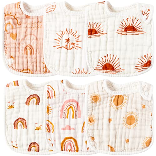 Zainpe 6Pcs Snap Muslin Cotton Bibs for Baby Rainbow Sun Star Bib Adjustable Feeding Bib Machine Washable Unisex Burp Cloths with 6 Absorbent Soft Layers for Infant Newborn Toddler Drooling Teething 0 belly baby and beyond