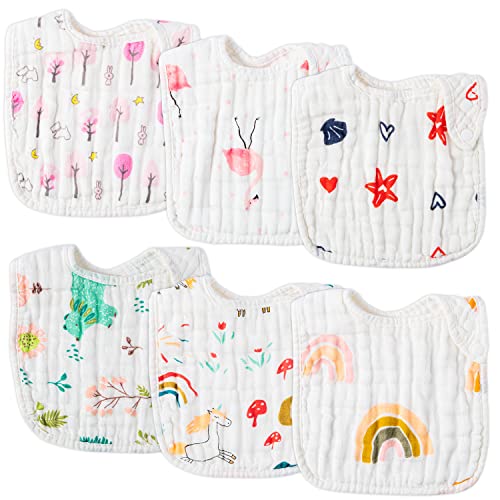 Zainpe 6Pcs Snap Muslin Cotton Bibs for Baby Rainbow Unicorn Flamingo Machine Washable Burp Cloths with 6 Absorbent Soft Layers for GirlBoy Infant Newborn Toddler Feeding Drooling Teething 0 belly baby and beyond