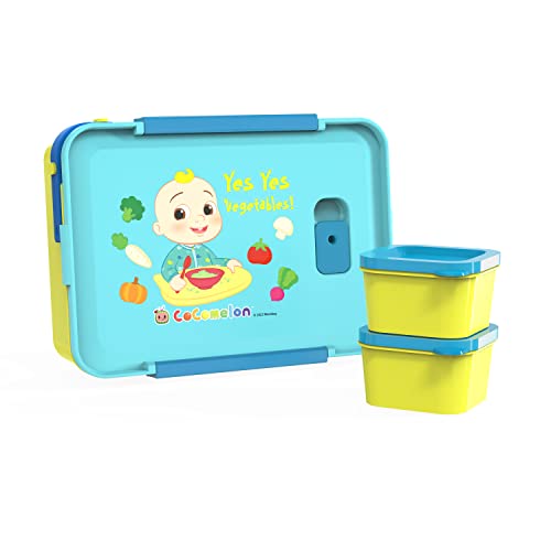 Zak Designs CoComelon Reusable Plastic Bento Box with Leak Proof Seal Carrying Handle Microwave Steam Vent and Individual Containers for Kids Packed Lunch 3 Piece Set 0 belly baby and beyond