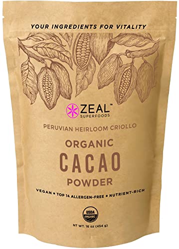 Zeal Superfoods Organic Cacao Powder Raw Heirloom Criollo Top 8 Allergen Free Cold Pressed Unsweetened Non Alkalized Vegan Gluten Free Keto Paleo Kosher Nutrient Rich Superfood Cocoa Powder Substitute 0 belly baby and beyond