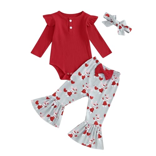 fhutpw Newborn Baby Girl Clothes Infant Rib Frill Long Sleeve Romper Flared Pants Headband Set 3pcs Fall Winter Outfits 0 belly baby and beyond