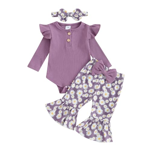 fhutpw Newborn Baby Girl Clothes Rib Frill Long Sleeve Romper Daisy Flared Pants Headband Set 3pcs Fall Winter Outfits 0 belly baby and beyond