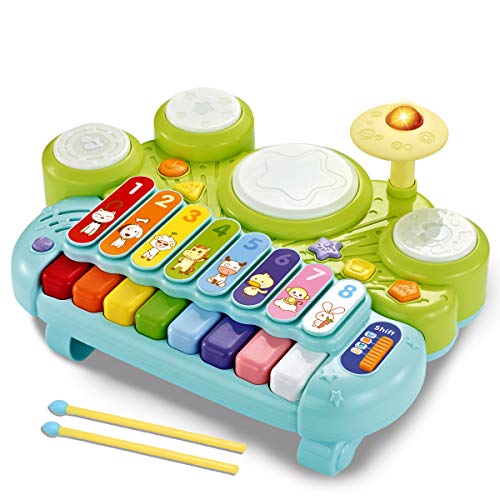 fisca 3 in 1 Musical Instruments Toys Electronic Piano Keyboard Xylophone Drum Set Learning Toys with Lights for Baby Toddler 1 2 3 Year Old Boys and Girls 0 belly baby and beyond