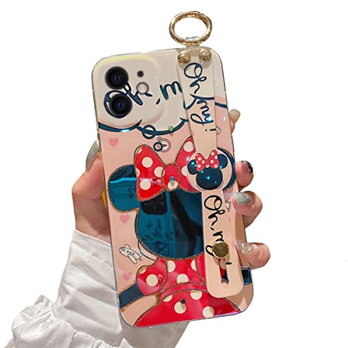for iPhone 12 Mini Case Cute with Wrist Strap Kickstand Glitter Bling Cartoon IMD Soft TPU Shockproof Protective Cases Cover for Girls and Women Minnie 0 belly baby and beyond