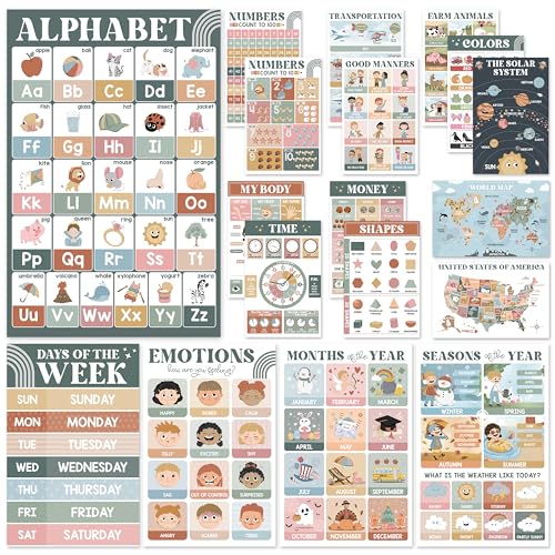18 Modern Boho Pre K Educational Posters For Preschoolers Laminated Kindergarten Learning Posters For Toddlers 1 3 Homeschool Classroom Kids Learning Posters For Walls Preschool Learning Charts 0 belly baby and beyond