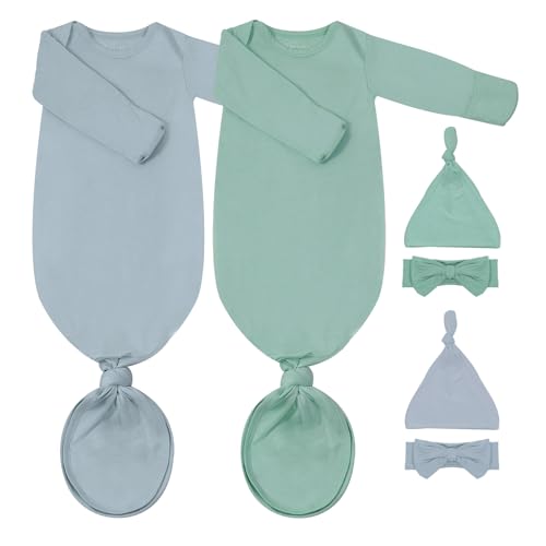 2Pack Newborn Baby Knotted Gown Super Soft Modal Infant Long Sleeve Sleeper with Hat and Headband Set 0 belly baby and beyond
