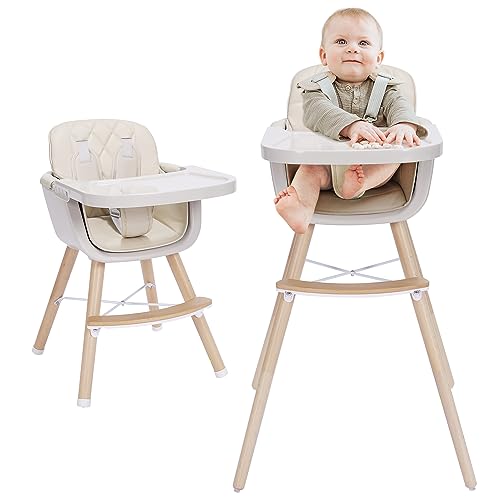 3 in 1 Convertible Wooden High ChairBaby High Chair with Adjustable Legs Dishwasher Safe Tray Made of Sleek Hardwood Premium Leatherette Beige Color 0 belly baby and beyond