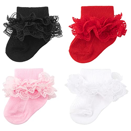 4 Pack Baby Girls Socks Eyelet Ruffle Lace Sock Baby Socks Newborn Infant Toddlers Frilly Summer Thin Dress Sock 0 belly baby and beyond