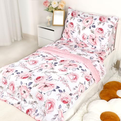 4 Piece Toddler Bedding Set Flower Toddler Bed Comforter Sets for Girls Includes Quilted Comforter Flat Sheet Fitted Sheet and Pillowcase Ultra Soft and Breathable Pink Floral 0 belly baby and beyond
