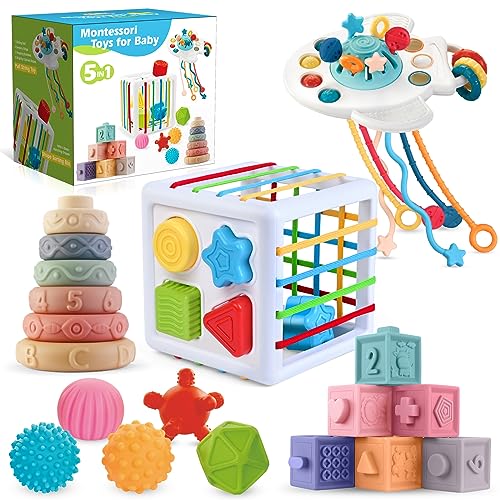 5 in 1 Montessori Toys for Babies 0 3 6 12 Months Soft Baby Teething Toys Sensory Bin Toy Stacking Building Blocks Rings for InfantsDevelopmental Toys for ToddlerGift for Baby 12 18 Months 0 belly baby and beyond