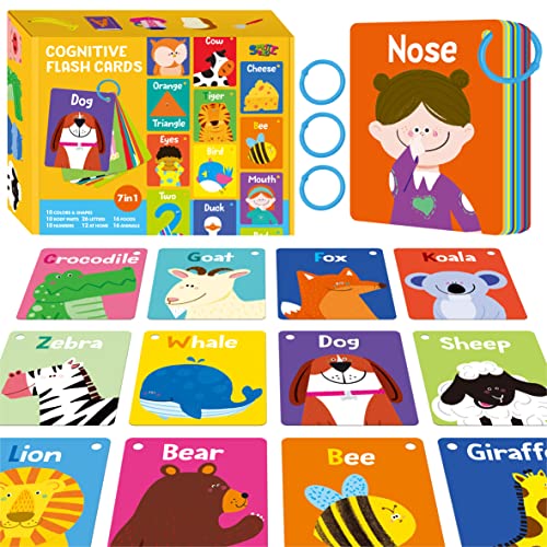 50 PCS Kid First Cognitive FlashcardsDouble Sided Printed 7 in 1 Colorful Cards AlphabetNumbers FoodsAnimalsShapesColors with 3 Reclosable RingsLearning Tool for Pre K Kindergarten Toddlers 0 belly baby and beyond