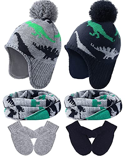 6 Pieces Winter Toddler Boys Hat Dinosaur Warm Mittens Scarf Set Pompom Baby Beanie Knitted Baby Hat Scarf Gloves Earflap 0 belly baby and beyond