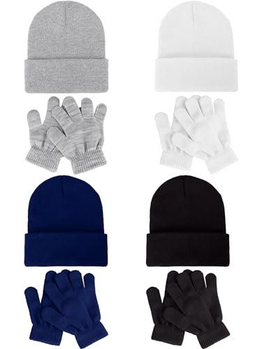 8 Pack Kids Beanie Hats and Gloves Set Kids Knitted Beanies Hat Winter Gloves for Boys Girls 0 belly baby and beyond