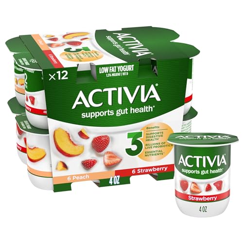 ACTIVIA Probiotic Lowfat Yogurt Variety Pack Peach Strawberry Non GMO Project Verified 4 Oz Pack of 12 0 belly baby and beyond