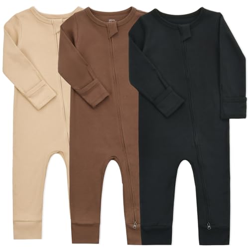 Aablexema Baby Cotton Fooltess Pajamas with Mitten 3 pack Infant Romper Zip Up One Piece Jumpsuits Outfit 0 belly baby and beyond