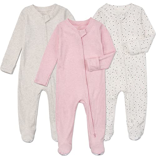 Aablexema Baby Footie Pajamas with Mittens 3Pcs Infant Footed Sleeper Cotton Sleepwear OutfitsGrey KhakiDotPink 3 6M 0 belly baby and beyond
