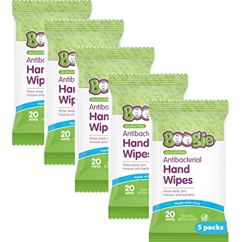 Antibacterial Hand Wipes by Boogie Alcohol Free Hypoallergenic and Moisturizing Aloe Hand Wipes for Kids and Adults 5 Packs of 20 100 Total Wipes 0 belly baby and beyond