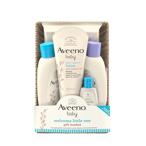 Aveeno Baby Welcome Little One Gift Basket Baby Skincare Set with Nourishing Baby Body Wash Shampoo Calming Bath Wash All Over Baby Wipes Daily Moisturizing Lotion 5 Items 0 belly baby and beyond