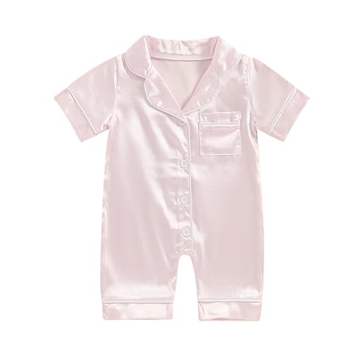 BULINGNA Infant Baby Girl Boy Summer One Piece Pajamas Jumpsuit Short Sleeve Button Down Satin Silk Pjs Sleepwear Onesie 0 belly baby and beyond
