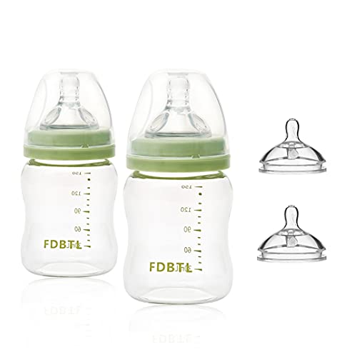 Baby Bottle Glass Wide Neck Closer to Breastfeeding Slow Flow Nipple Anti Colic 4 Ounce 2 Count 0 belly baby and beyond