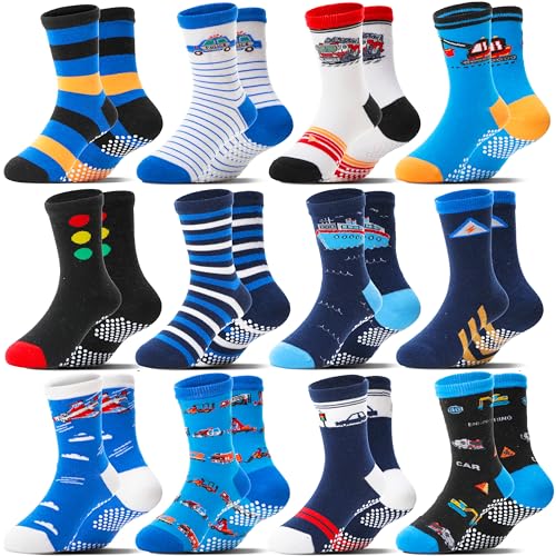 Baby Boys Grips Socks 12 Pairs Kids Toddlers Infants Anti Slip Non Skid Funny Cartoon Crew Breathable Cotton Socks 0 belly baby and beyond