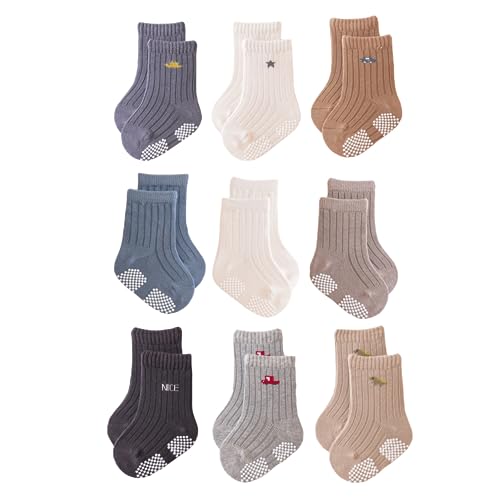 Baby Crew SocksGrips Combed Cotton Socks Toddler Non Skid for GirlsBoys Non SlipAnti Skid 9 Pack 0 belly baby and beyond