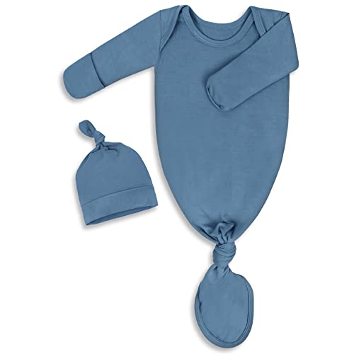 Baby Newborn Knotted Gown 0 6 Months Super Soft Infant Long Sleeve Sleepwear for Girl and Boy Baby Coming Home Hospital Outfit with Hat Set Light Blue 0 belly baby and beyond