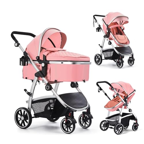 Baby Stroller2 in 1 Reversible Stroller with Bassinet ModeFoldable Infant Stroller with CanopyOne Button BrakeAdjustable Handle Newborn Stroller Pink 0 belly baby and beyond