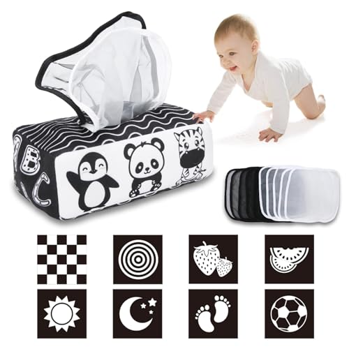 Baby Tissue Box Toy High Contrast Baby Toys for Newborn Black and White Montessori Toy for Babies 3 Months Sensory Tissue Box Baby Toy 0 belly baby and beyond