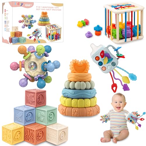 Baby Toys 0 6 12 MonthsMontessori Toys for babise 0 6 12 18 MonthsIncl Pull String Toy Shape Sorter Stacking Baby Block Manhattan Ball Baby BlocksMontessori Baby Toys for 1 Year 0 belly baby and beyond