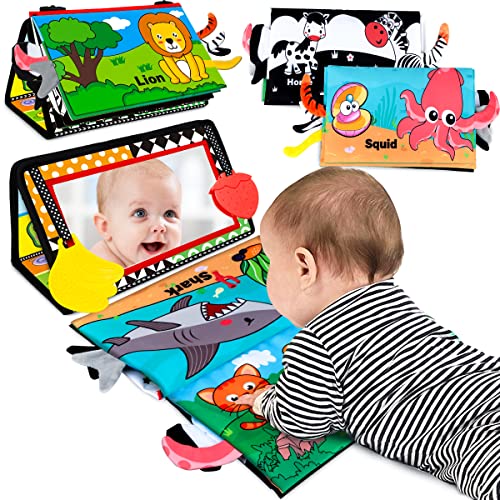 Baby Toys 0 6 Months Tummy Time Mirror Toys with Cloth Books Teethers Montessori Infant Toys for Babies 0 3 6 9 Months High Contrast Newborn Sensory Toy for Boys Girls Baby Gift 0 belly baby and beyond
