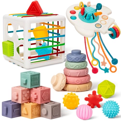 Baby Toys 6 to 12 Months 5 In 1 Montessori Toys for 1 Year Old Incl Travel Pull String Toy Shape Sorter Stacking Baby Block Soft Infant Ring Sensory Ball for Toddler 0 3 6 9 12 Month 0 belly baby and beyond