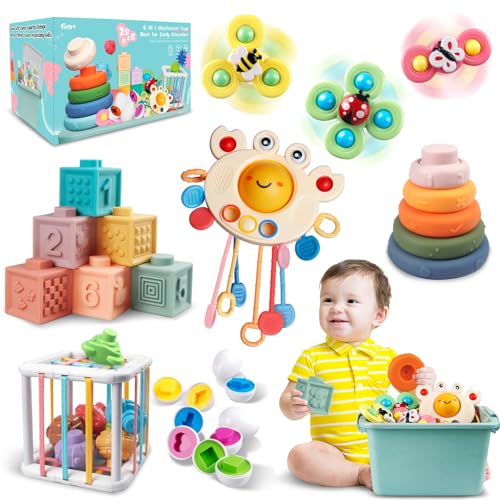 Baby Toys for 6 to 12 Months Montessori Sensory Bins Toys for Toddlers 1 3 Pull String Teether Infants Bath Toys 6 in 1 Stacking Blocks Rings Matching Eggs Suction Cup Spinner Toy 0 belly baby and beyond