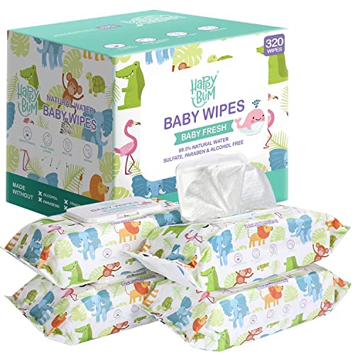 Baby Wipes HAPPY BUM Sensitive Water Baby Diaper Wipes Unscented 4 Flip top packs 320 Wipes Total 0 belly baby and beyond