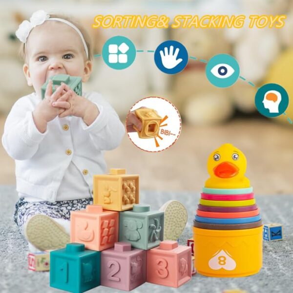 Baby toys 6 to 12 months Montessori toys for 1 year old Silicone Pull String Teething Toys Stacking Building Blocks Infant Toddler Toys 0 3 Color Shape Bin Sensory Toys Baby boysgirls gifts 0 3 belly baby and beyond