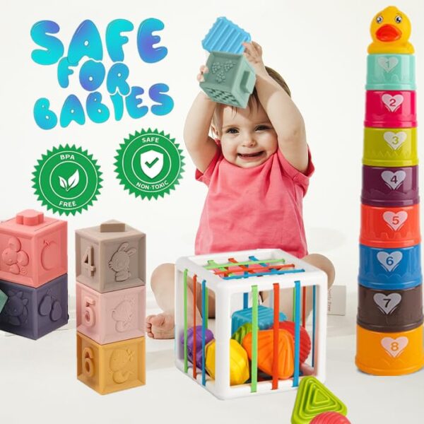Baby toys 6 to 12 months Montessori toys for 1 year old Silicone Pull String Teething Toys Stacking Building Blocks Infant Toddler Toys 0 3 Color Shape Bin Sensory Toys Baby boysgirls gifts 0 4 belly baby and beyond