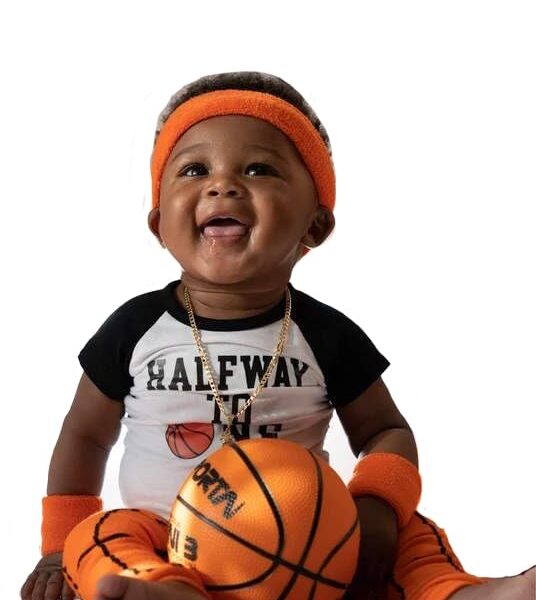 Basketball Half Way To One 6 Month Half Birthday Bodysuit Outfit Set 0 belly baby and beyond