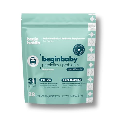 Beginbaby Prebiotics Probiotics with 2 FL Human Milk Oligosaccharide HMO Supplement for Babies Ages 0 12 Months Unflavored 28 Pack 0 belly baby and beyond