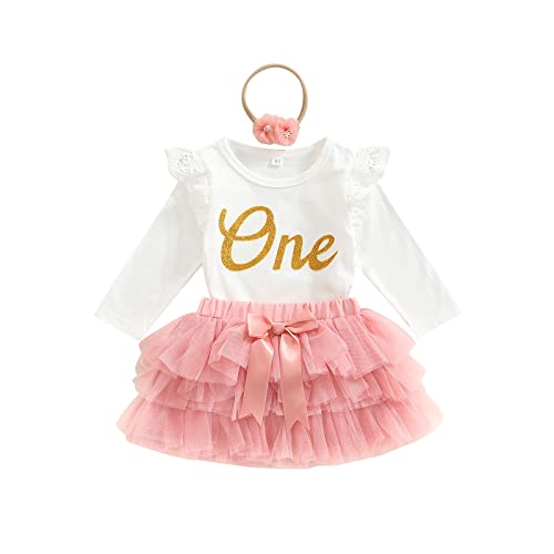 BemeyourBBs Baby Girl Birthday Outfit Fly Sleeve Lace Romper Tutu Skirt Set with Headband 0 belly baby and beyond