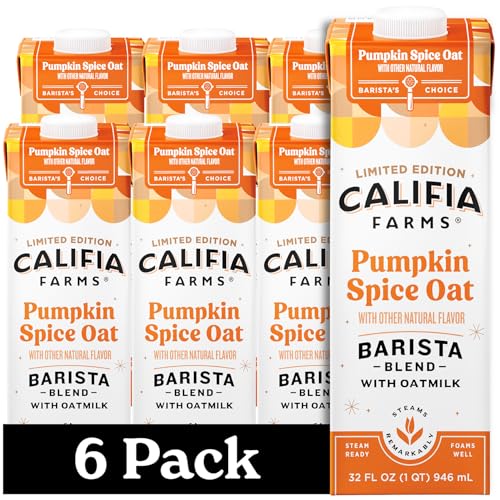 Califia Farms Pumpkin Spice Oat Barista Blend Oat Milk 32 Oz Pack of 6 Shelf Stable Dairy Free Plant Based Vegan Gluten Free Non GMO High Calcium Milk Frother Creamer Oatmilk 0 belly baby and beyond