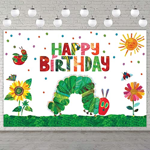 Cartoon Very Hungry Little Green Caterpillar Happy Birthday Banner Kid Reading Story Insects Theme Decor Decorations for 1st Birthday Party Baby Shower Supplies Backdrop Photo Studio Booth Props 0 belly baby and beyond