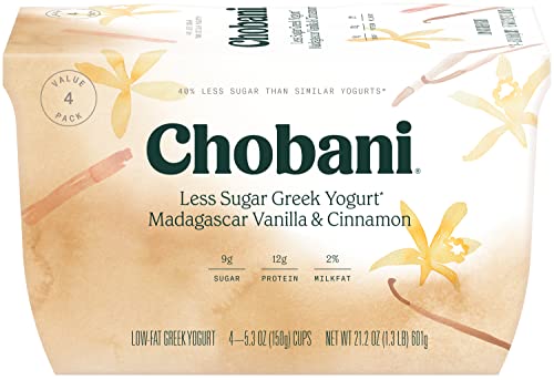 Chobani Less Sugar Low Fat Greek Yogurt Madagascar Vanilla Cinnamon 53oz 4 pk 0 belly baby and beyond