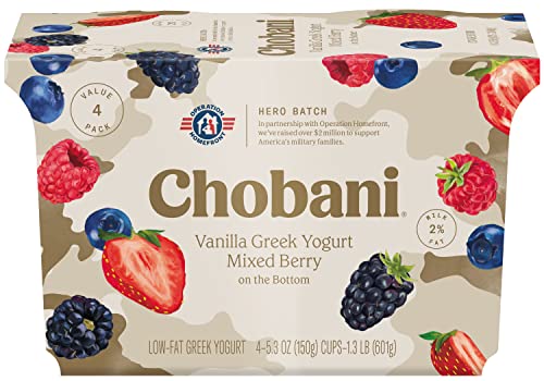 Chobani Low Fat Vanilla Greek Yogurt Mixed Berry on the Bottom 53oz 4 pack 0 belly baby and beyond