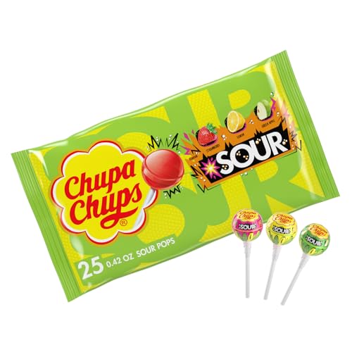 Chupa Chups SOUR Lollipops Halloween Trick or Treat Candy Variety Pack Lemon Strawberry and Apple Flavored Individually Wrapped Bulk Sour Candy Suckers for Adults Kids Bag of 25 0 belly baby and beyond