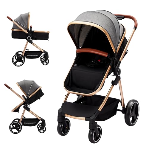 Convertible Baby Stroller High Landscape Foldable Stroller for Toddlers 3 in 1 Reversible Newborn Pushchair with Adjustable Backrest and Canopy Windproof Foot Cover 5 Point Harness Grey 0 belly baby and beyond