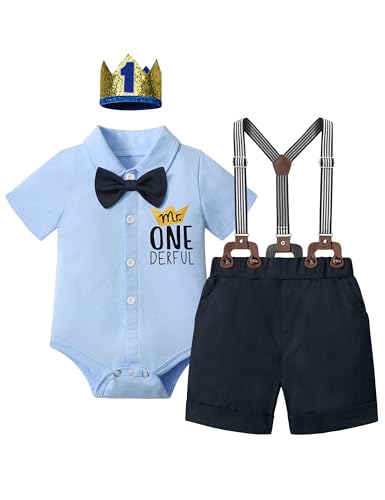 DONWEN Baby Boy First Birthday Outfit Mr Onederful Bowtie Romper Suspender Shorts Party Hat Cake Smash Outfits 0 belly baby and beyond